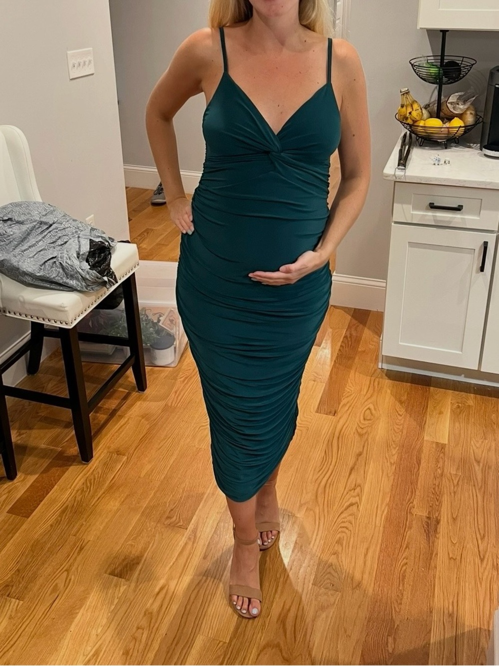 Club L London Teal Ruched V-Neck Spaghetti Strap Midi Dress